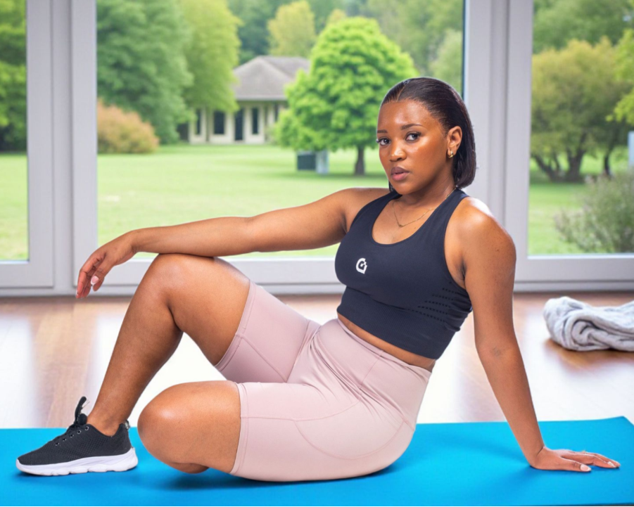Woman in athletic wear sitting on a yoga mat in a room with large windows showing greenery outside.